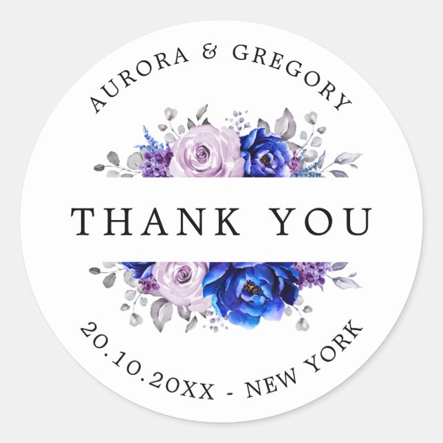 Sticker Rond Royal Blue Lilac Purple Floral Mariage Merci (Devant)