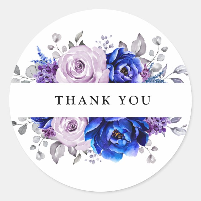 Sticker Rond Royal Blue Lilac Purple Merci Floral (Devant)