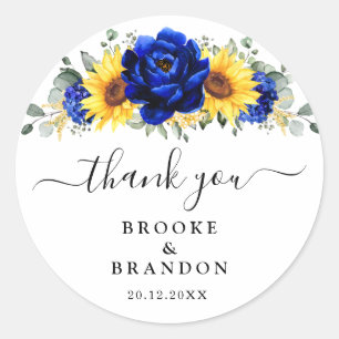 Sticker Rond Royal Blue Rustic Tournesol Moderne Floral Mariage