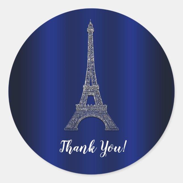 Sticker Rond Royal Blue Silver Tour Eiffel Paris Mariage Favori (Devant)