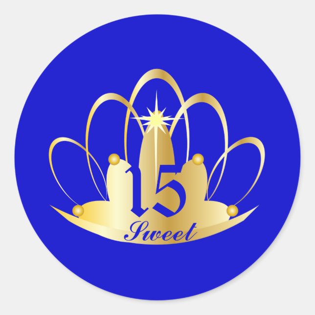 Sticker Rond Royal Blue Sweet 15 Tiara Sticker-Personnaliser (Devant)