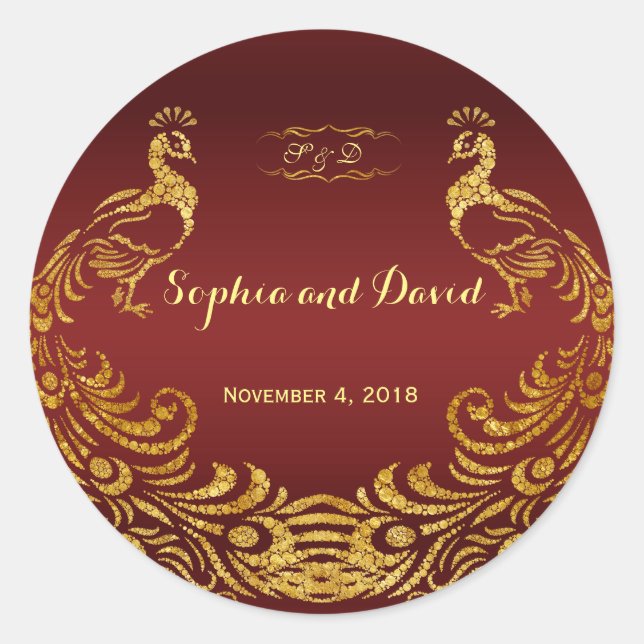 Sticker Rond Royal Burgundy Gold Peacock Mariage personnalisé (Devant)