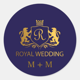 Sticker Rond Royal Crown Blue et Gold Lions Mariage Custom