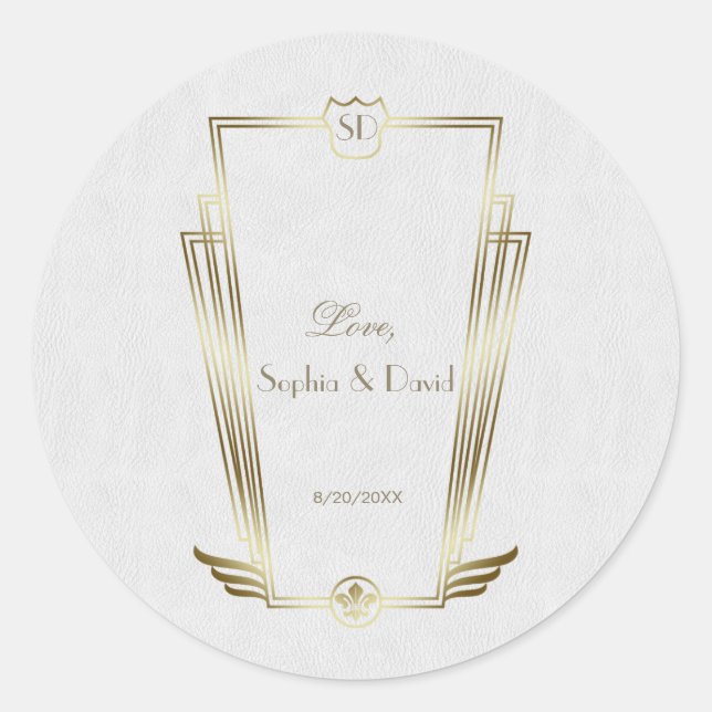 Sticker Rond Royal Gold White Art Déco Mariage Monogramme (Devant)
