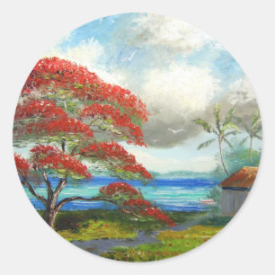 Sticker Rond Royal Poinciana & Palm Trees