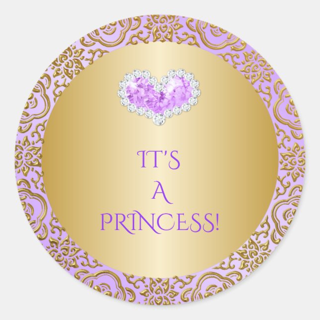 Sticker Rond Royal Princess Lilac & Gold Diamond Heart Gem (Devant)