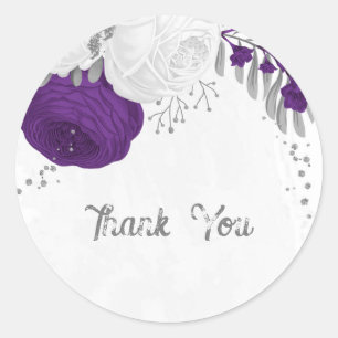 Sticker Rond royal violet & fleurs blanches argent classique ro