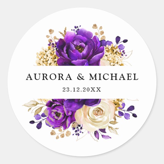 Sticker Rond Royal violet violet or Floral Mariage botanique (Devant)