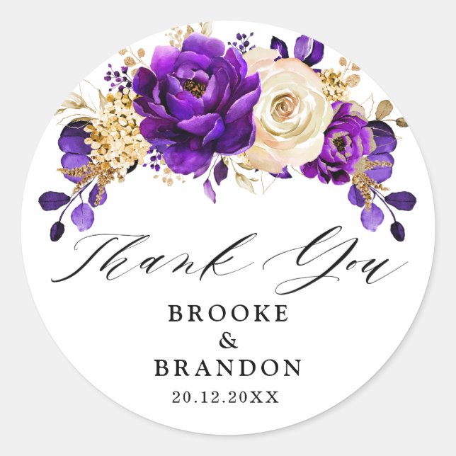 Sticker Rond Royal violet violet or Floral Mariage botanique (Devant)