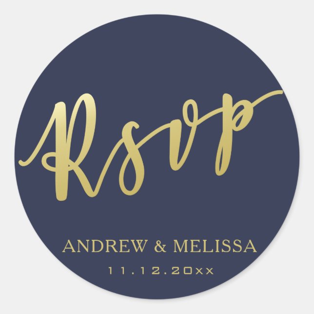 Sticker Rond RSVP | Faux Gold Brush Script - Mariage bleu marin (Devant)