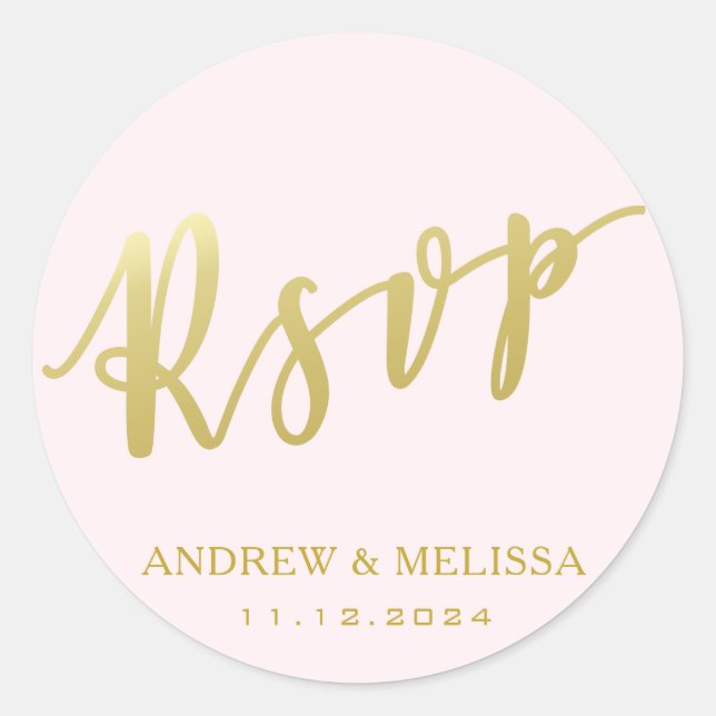 Sticker Rond RSVP | Faux Gold Brush Script - Mariage rose (Devant)
