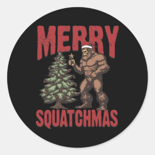 Sticker Rond Rtro Western Merry Squatchmas Funny Bigfoot Père N