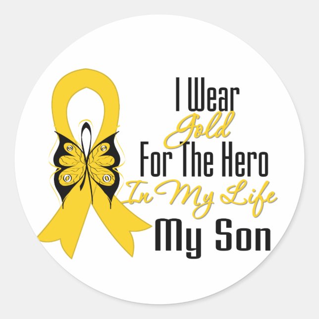 Sticker Rond Ruban Cancer de l'enfance Mon héros Mon fils (Devant)