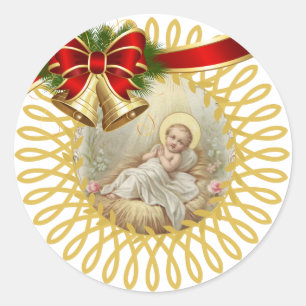 Sticker Rond Ruban de Bells de Noël de Jésus Manger de bébé