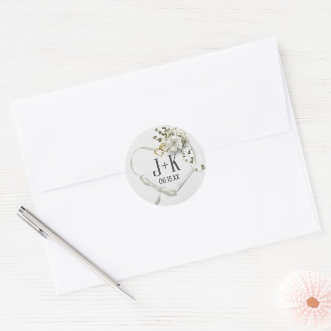 Sticker Rond Ruban de mariage en forme de cœur avec monogramme (Enveloppe)