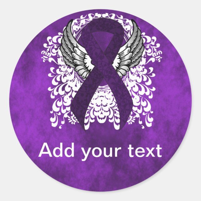 Sticker Rond Ruban de sensibilisation au violet avec ailes (Devant)