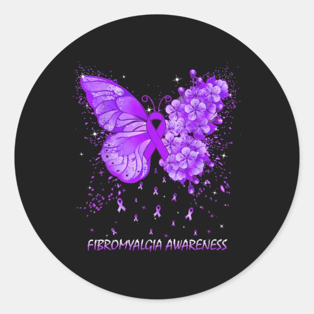 Sticker Rond Ruban de sensibilisation aux fibromyalgies papillo (Devant)