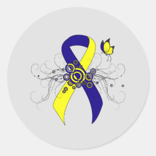 Sticker Rond Ruban de sensibilisation bleu et jaune avec papill