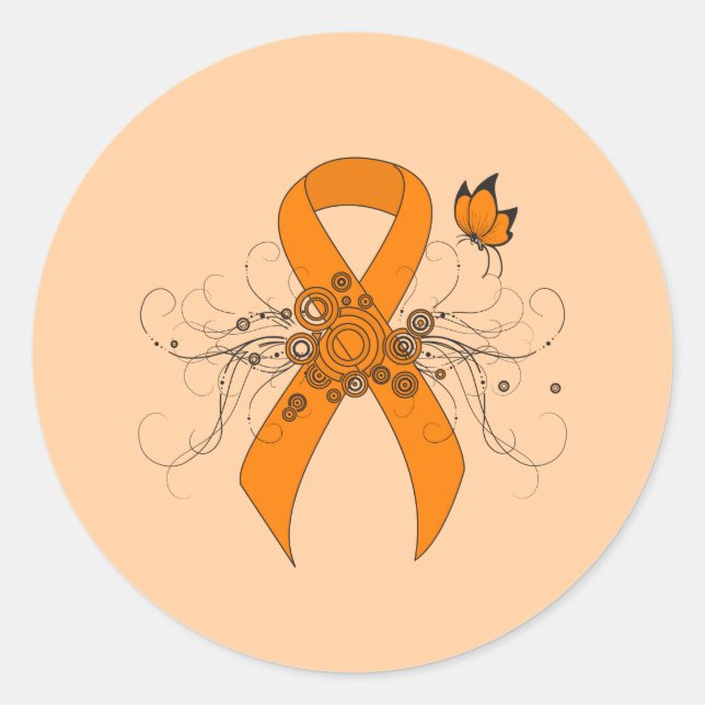 Sticker Rond Ruban de sensibilisation orange avec papillon (Devant)