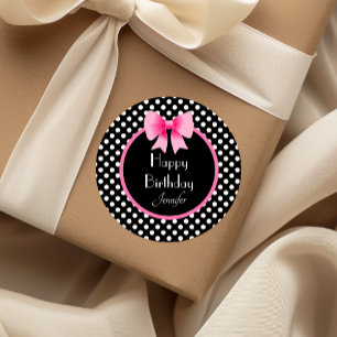 Sticker Rond Ruban rose à pois noirs et blancs pour anniversair