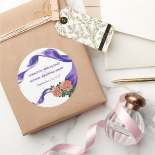 Sticker Rond Ruban royal violet et Mariage floral