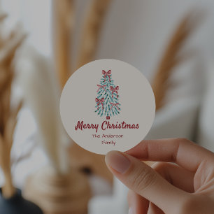 Sticker Rond Rubans de Noël Retro Rose Rouge Main Tirée Arbre