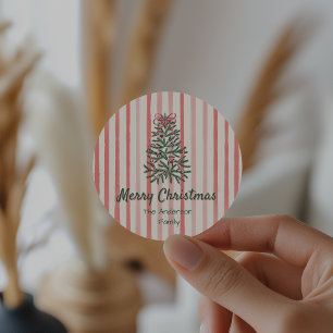 Sticker Rond Rubans Retro Vert Rouge Main Tirée Arbre Noël