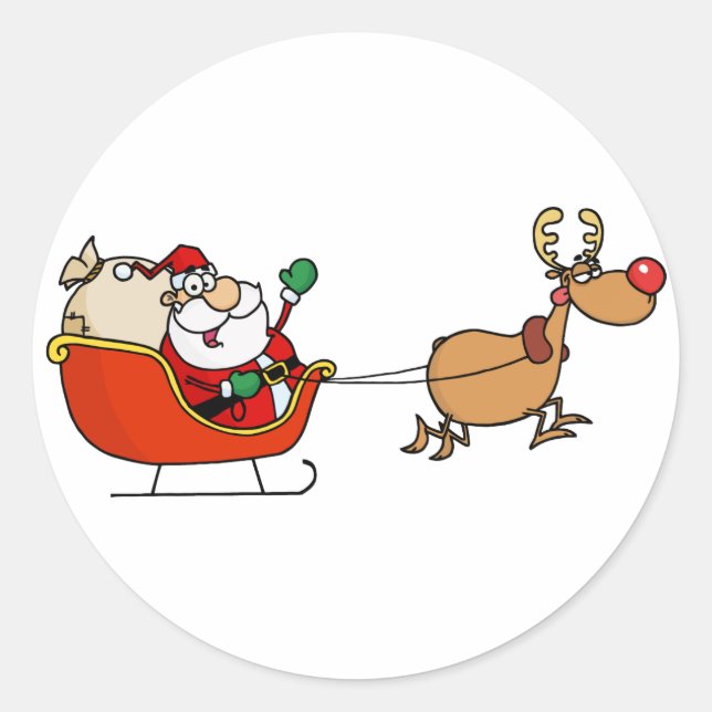Sticker Rond Rudolph Volant Kris Kringle Dans Son Sleigh (Devant)
