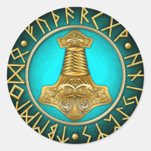 Sticker Rond Runes - Thors Hammer - Turquoise