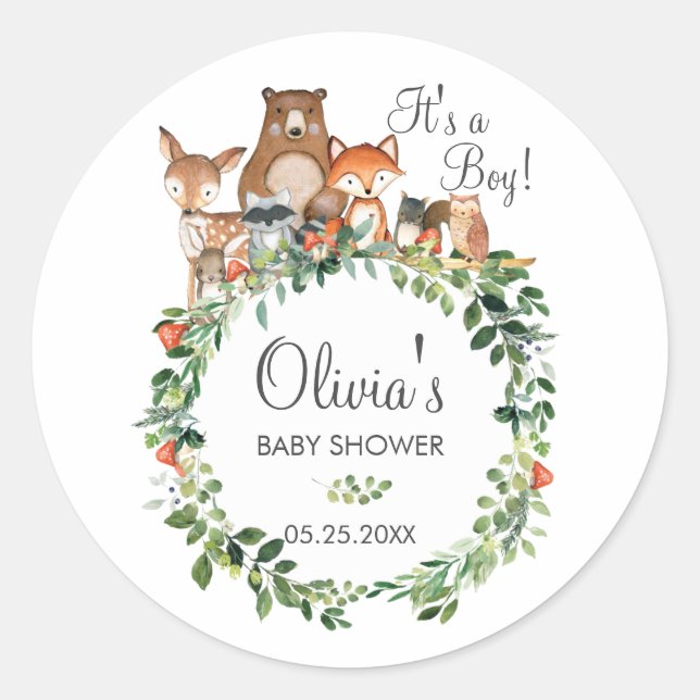 Sticker Rond Russe Baby shower animal Woodland Merci Favoriser (Devant)