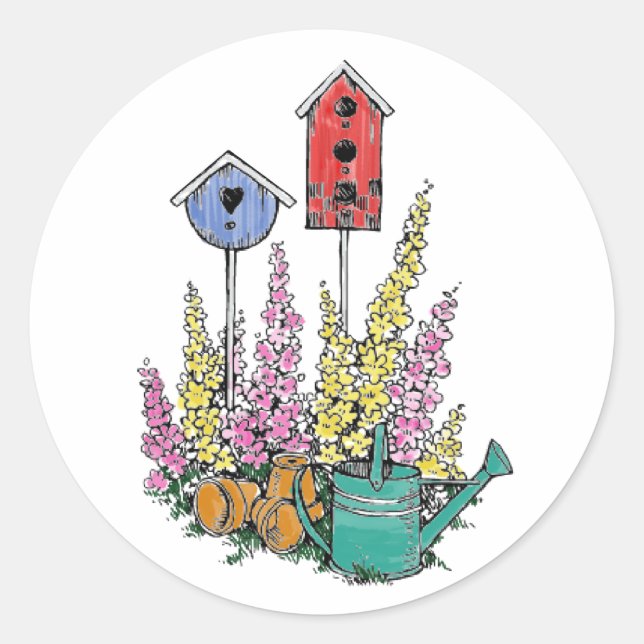 Sticker Rond Russe Birdhouse Garden Aquarelle croquis (Devant)