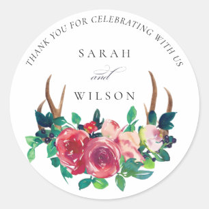Sticker Rond Russe Boho Floral Stag Antlers Mariage Merci