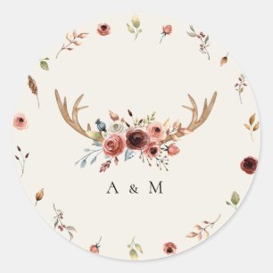 Sticker Rond Russe Boho Stag Deer Antlers Monogram Mariage