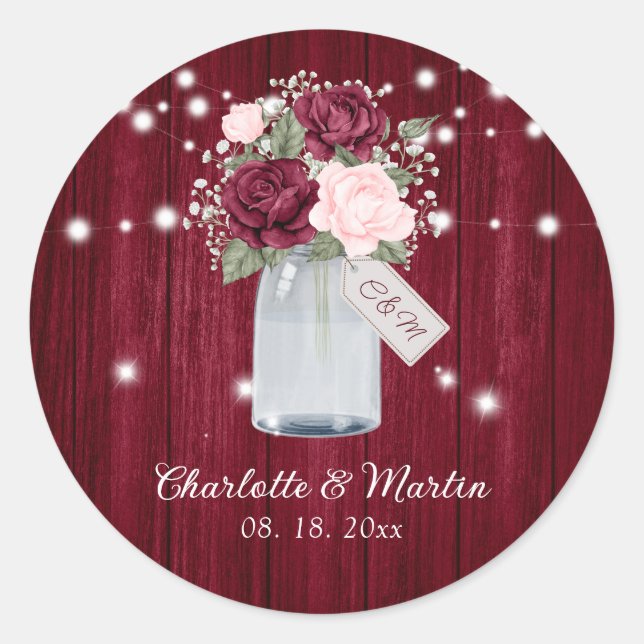 Sticker Rond Russe Bourgogne Blush Monogram Mariage Floral (Devant)