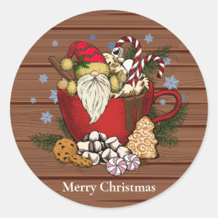 Sticker Rond Russe Brown Gnome Joyeux Noël Flacons de neige
