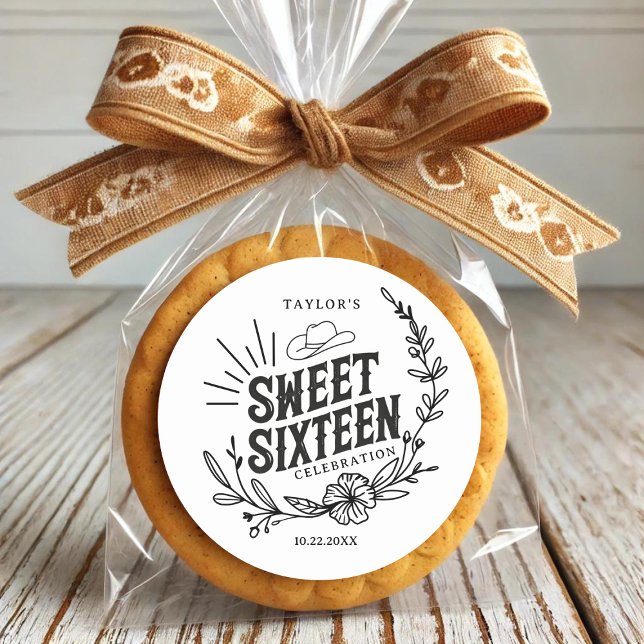 Sticker Rond Russe Cowgirl Floral Sweet sixteen fête d'annivers (cookie wrapped in plastic featuring rustic sweet sixteen sticker)