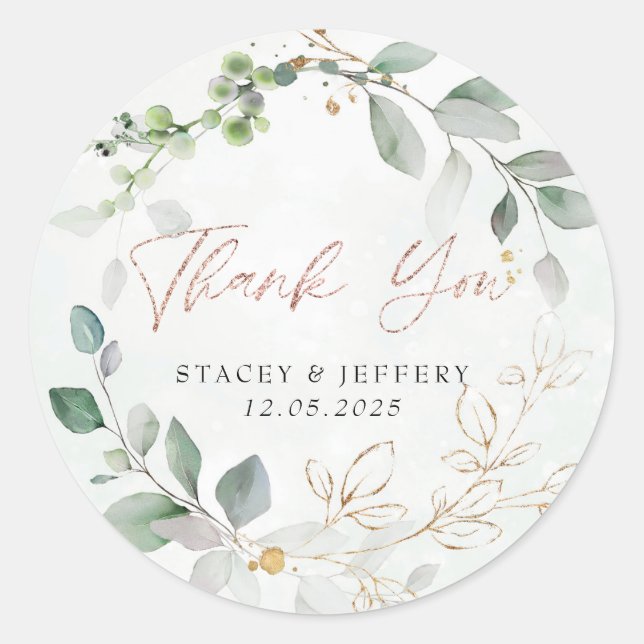 Sticker Rond Russe Eucalyptus Mariage de calligraphie d'or (Devant)
