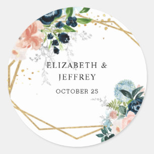 Sticker Rond Russe Marine Blush Gold Floral Mariage géométrique