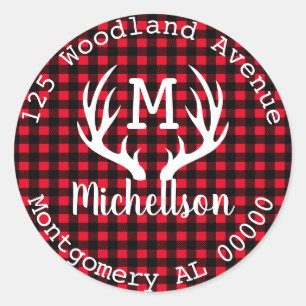 Sticker Rond Russe Plaid Woodland White Deer Antlers Adresse