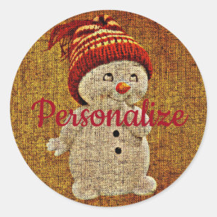 Sticker Rond Russe Snowman sur burlap mignon brun hiver rouge