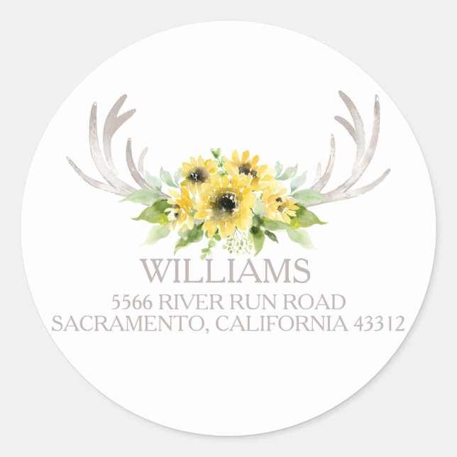 Sticker Rond Russe Tournesols Cerfs Antlers Adresse de retour (Devant)