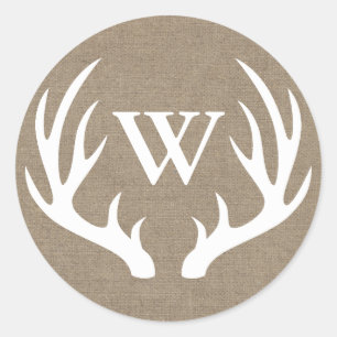 Sticker Rond Russe White Deer Antlers Burlap Lettre initiale