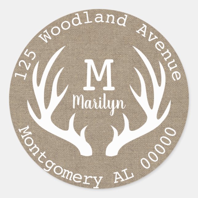 Sticker Rond Russe Woodland Deer Antlers Faux Burlap Adresse (Devant)