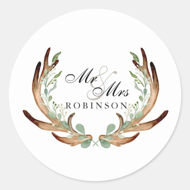 Sticker Rond Rustic Antler et Vine Aquarelle Mr & Mrs. (Devant)