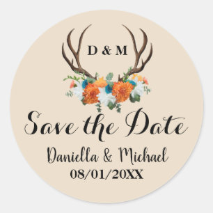 Sticker Rond Rustic Antler Floral Wedding Enregistrer la date