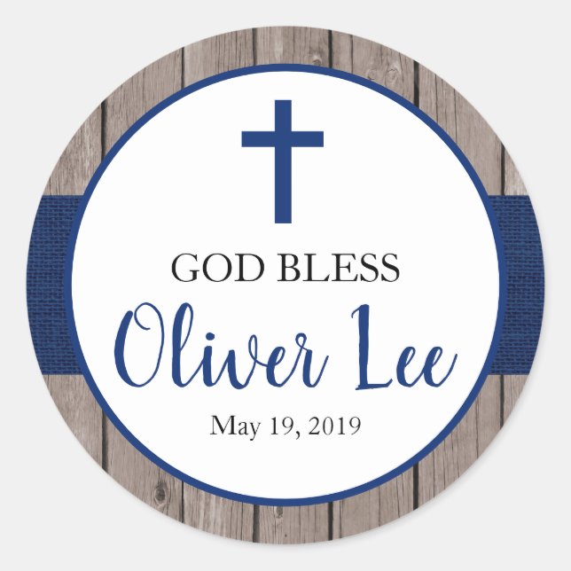 Sticker Rond Rustic Boy Baptism Marine Burlap & Wood Favoriser (Devant)