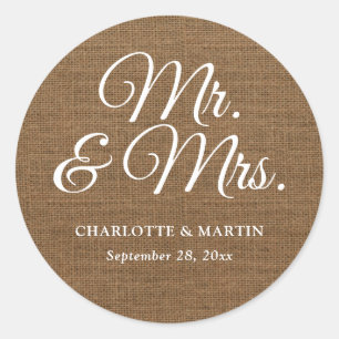 Sticker Rond Rustic Burlap M. et Mme la Mariage