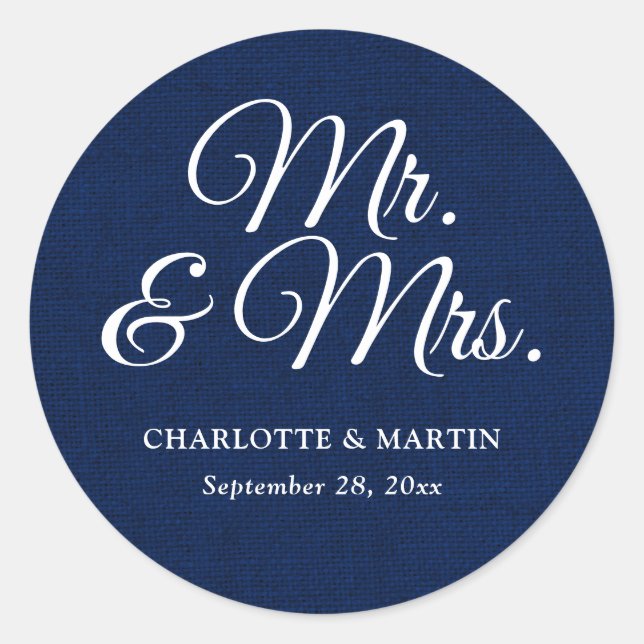 Sticker Rond Rustic Burlap Navy Blue M. et Mme la Mariage (Devant)