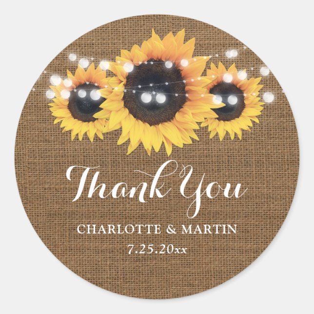 Sticker Rond Rustic Burlap Sunflower Wedding Favoriser (Devant)