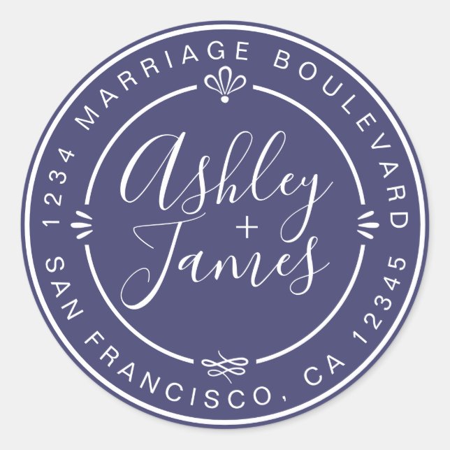 Sticker Rond Rustic Chic Mariage Adresse de retour Marine Blue (Devant)
